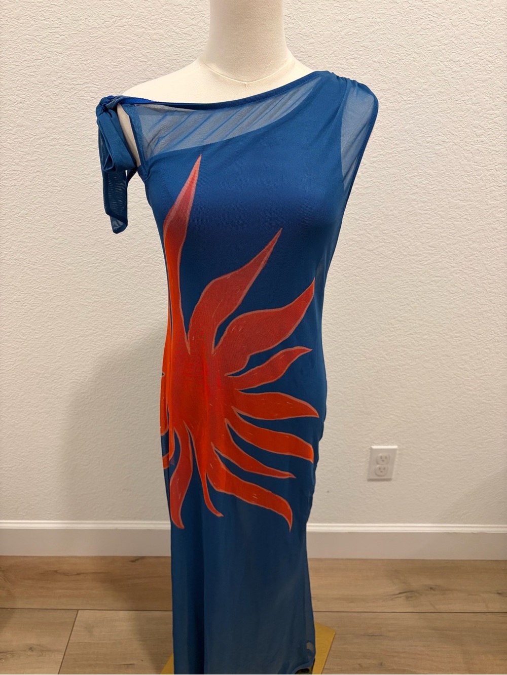 Never Fully Dressed Blue One-Shoulder Maxi Dress with Red Sunburst Print
